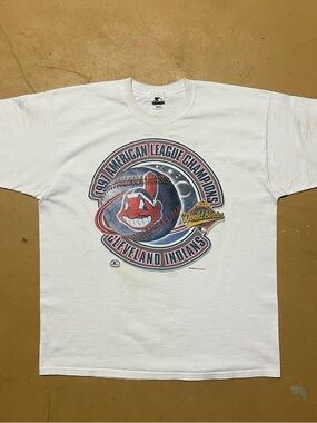STARTER White Cleveland Indians 1997 American League Champions Tee STAINED